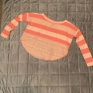 Free People.We the free. Lace Oversized pink striped long sleeved shirt.